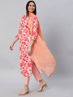 ANNI DESIGNER Womens Cotton Blend Printed Straight Kurta with Pant & Dupatta (Water-Peach_S_Peach_Small)