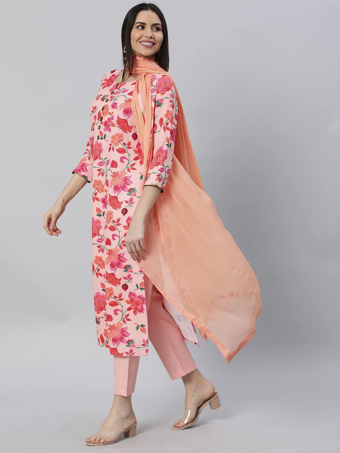 ANNI DESIGNER Womens Cotton Blend Printed Straight Kurta with Pant & Dupatta (Water-Peach_S_Peach_Small)