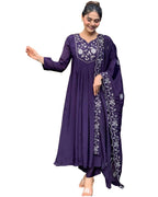 ANNI DESIGNER Womens Rayon Blend Anarkali Embroidered Kurta with Pant & Dupatta (Mine Violet_S_Violet_Small)