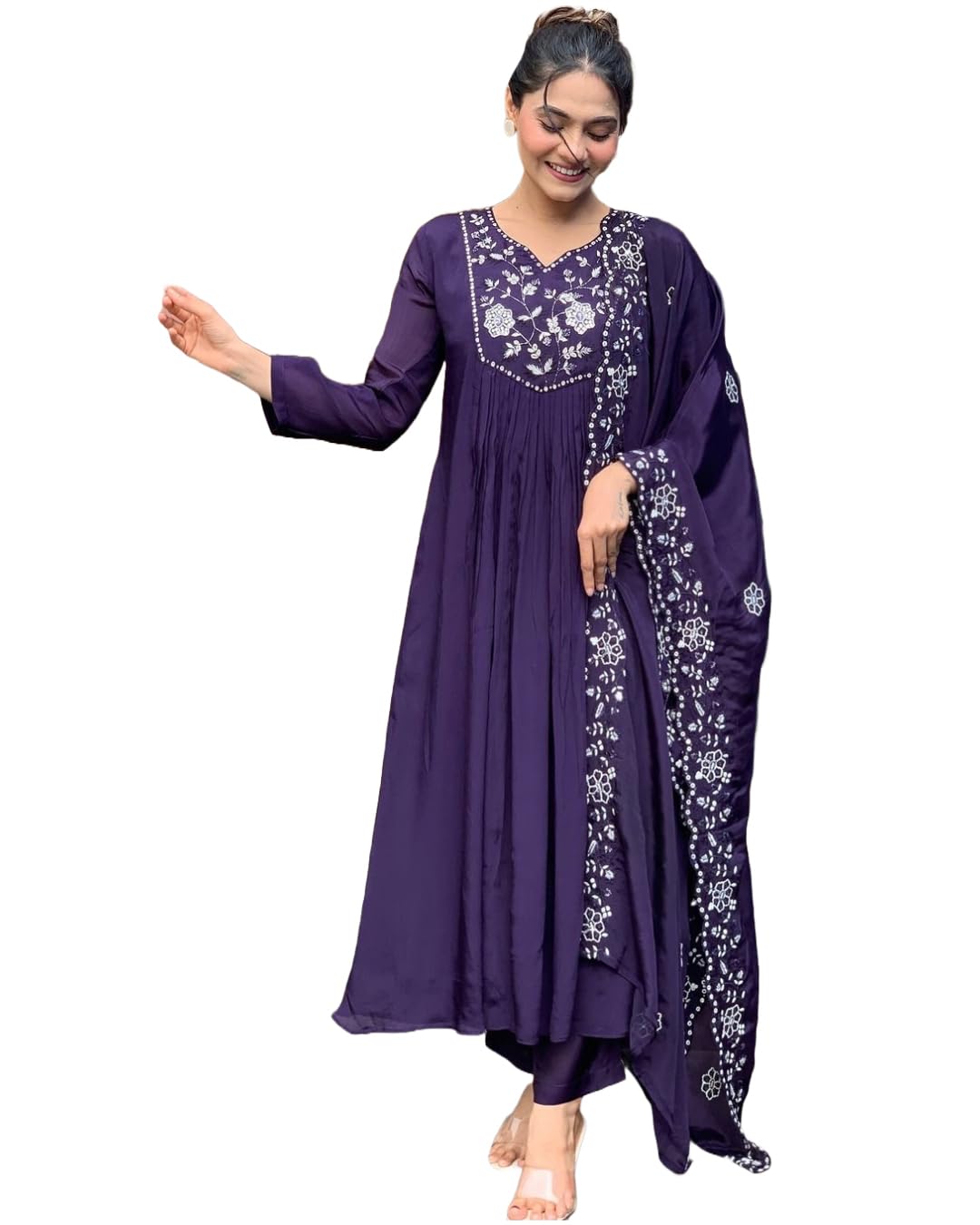ANNI DESIGNER Womens Rayon Blend Anarkali Embroidered Kurta with Pant & Dupatta (Mine Violet_S_Violet_Small)