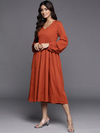Varanga Women Rust V-Neck A-Line Dress With Bishop Sleeves, Flared Hem - Stylish Casual Dress For Women, Comfortable Fashion, Ca