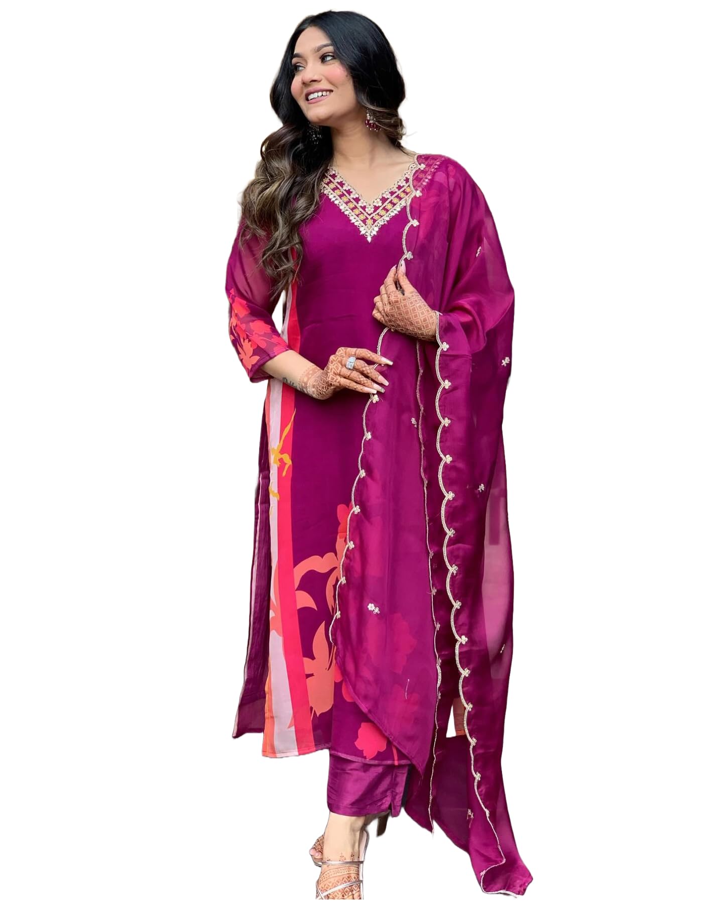 ANNI DESIGNER Womens Cotton Blend Straight Printed Kurta with Pant & Dupatta (DAARI Wine_L_Wine_Large)