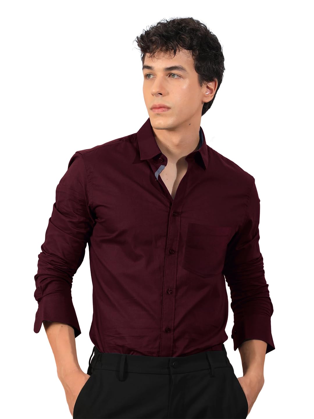 Pinkmint Mens Long Sleeve Button Down Maroon Shirt for Men Collared Casual Formal Soild Shirt