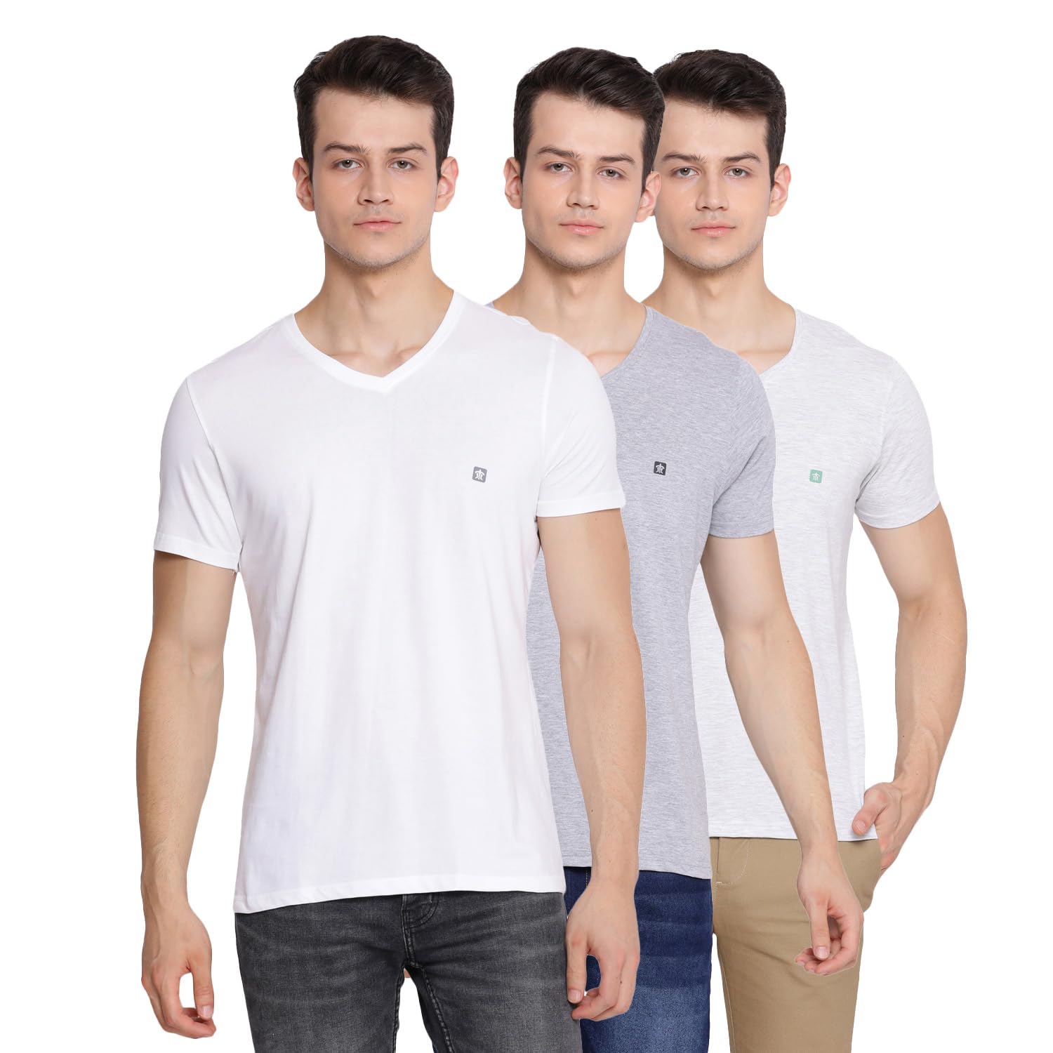 Turtle Men Poly Cotton Slim Fit Grey/Off White/White V Neck T-Shirt (Pack of 3)