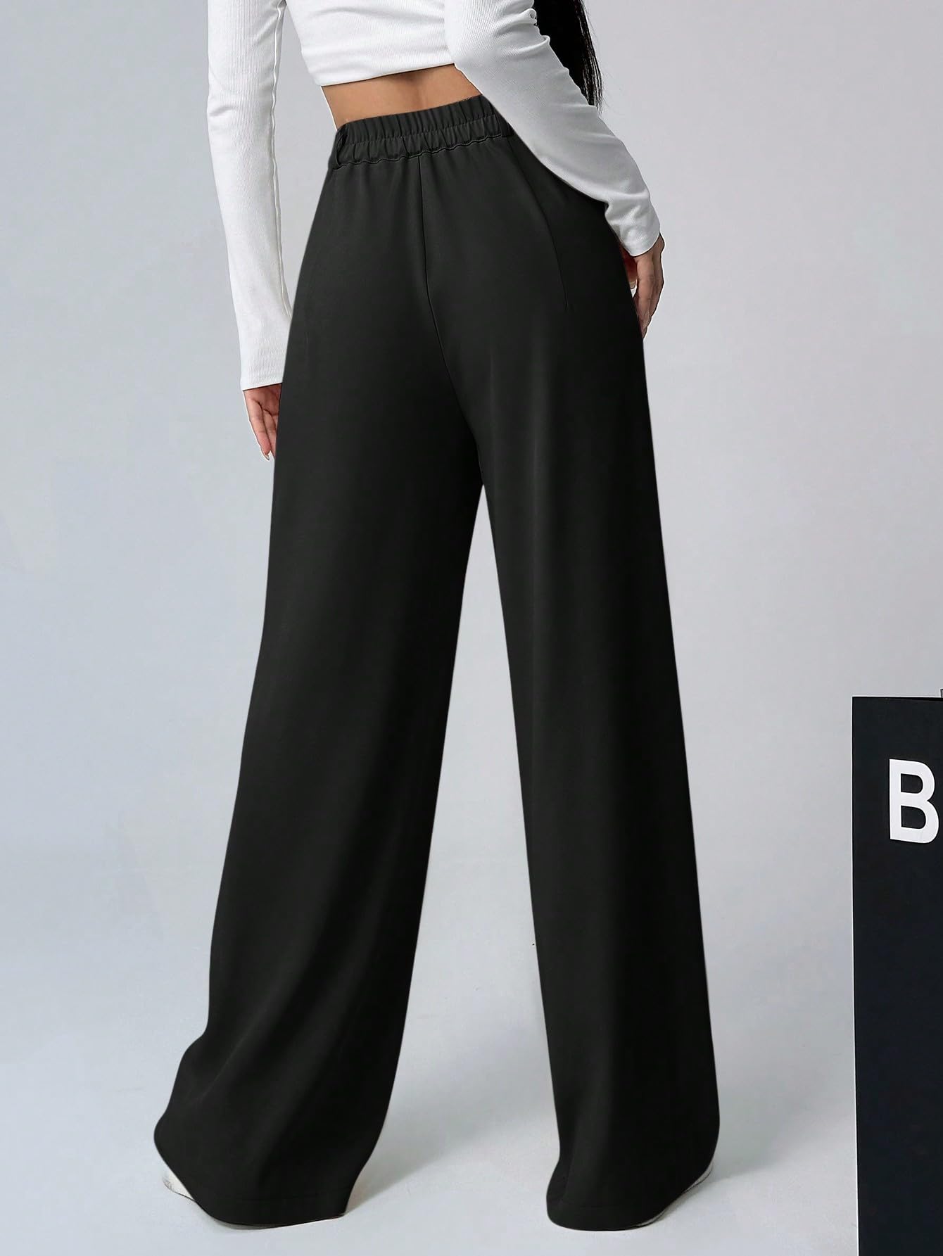 Shasmi Women & Girls Solid Black Color Loose Fit, Pleated Trousers, Wide Leg Pocket Casual Long Korean Trousers Pant (Pant 146 B