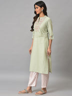 W For Woman Light Green Embroidered Kurta In Round Neck
