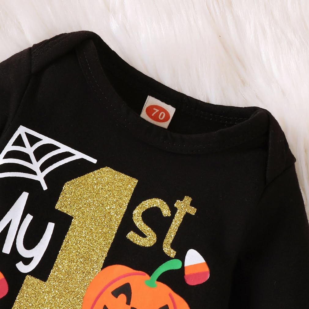 Baby Girls Halloween Outfits Costume My 1st Halloween Romper+ Tutu Skirt+ Striated Leg Warmer+ Bunny Headband 4Pcs Outfit Set (B)