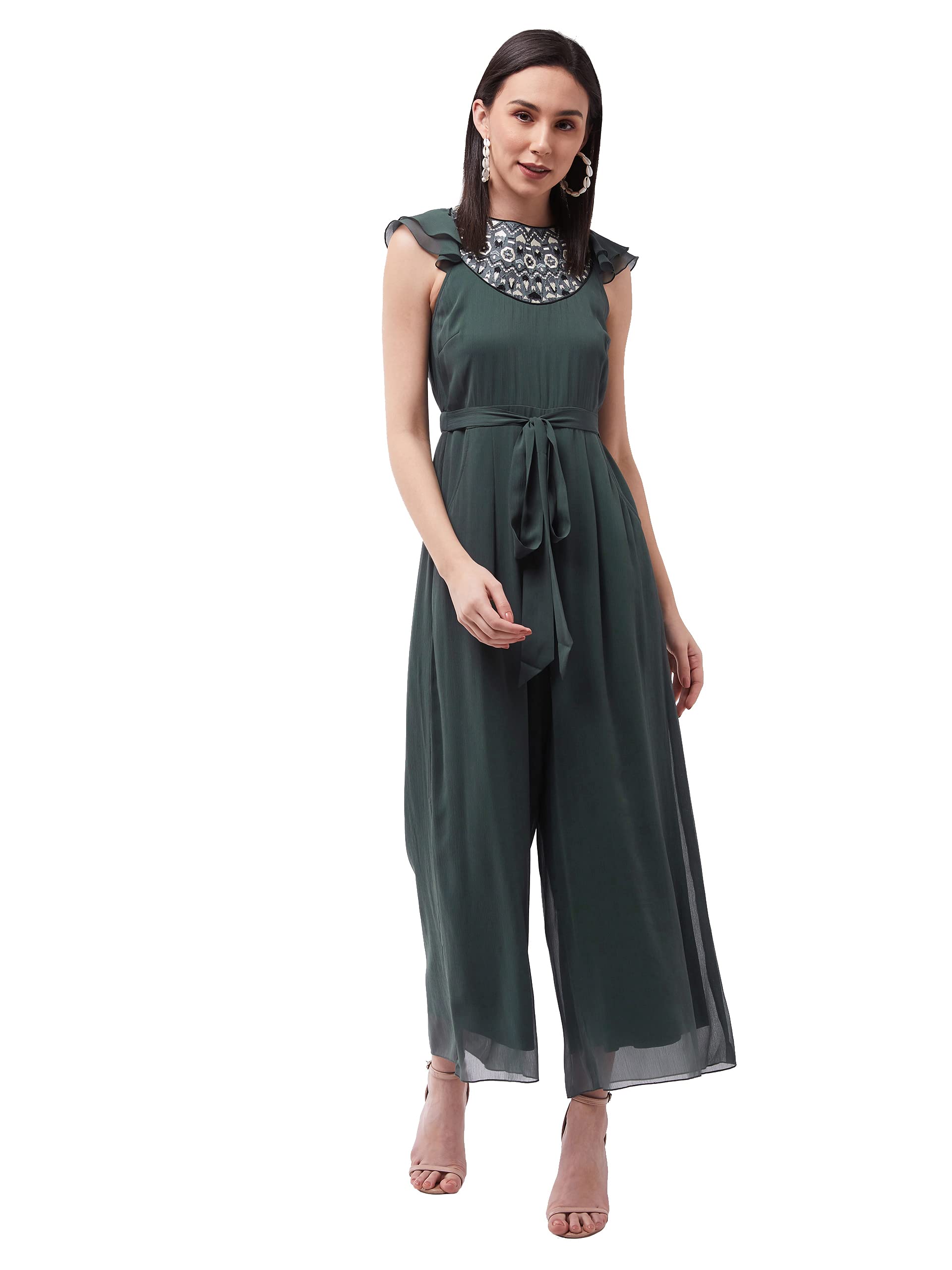 Miss Chase WomenS Dark Green Round Neck Ruffled Sleeve Solid Embroidered Regular Jumpsuit (Mcaw21D04-93-42-05, Dark Green, L)