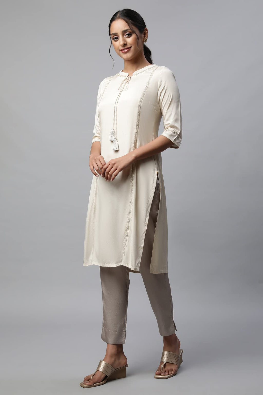 Off White Shantung Solid Plus Size Kurta