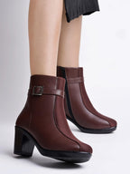 WomenS Brown Faux Leather Ankle Boots With Mid Heel And Buckle Strap  Side Zipper Comfort Booties For Fall & Winter Eu37