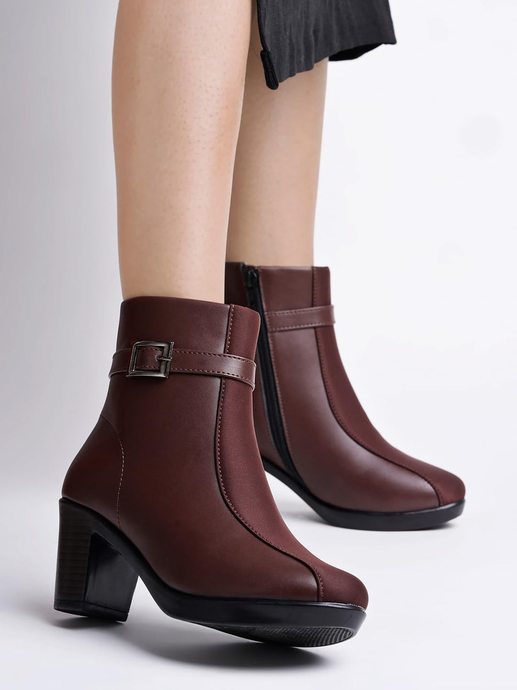 WomenS Brown Faux Leather Ankle Boots With Mid Heel And Buckle Strap  Side Zipper Comfort Booties For Fall & Winter Eu39