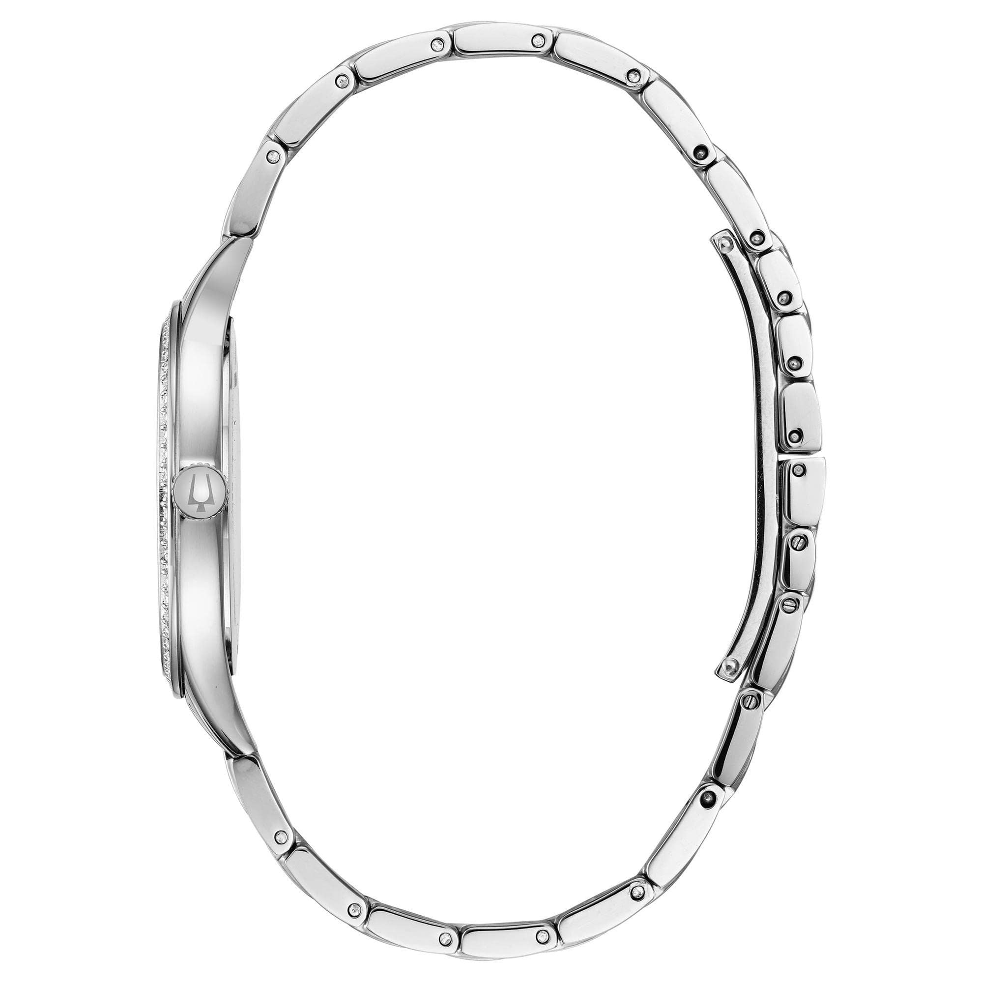 Bulova Ladies' Crystal Stainless Steel Box Set with White Mother-of-Pearl 3-Hand Quartz Watch and Gold Tone Crystal Bangles Styl