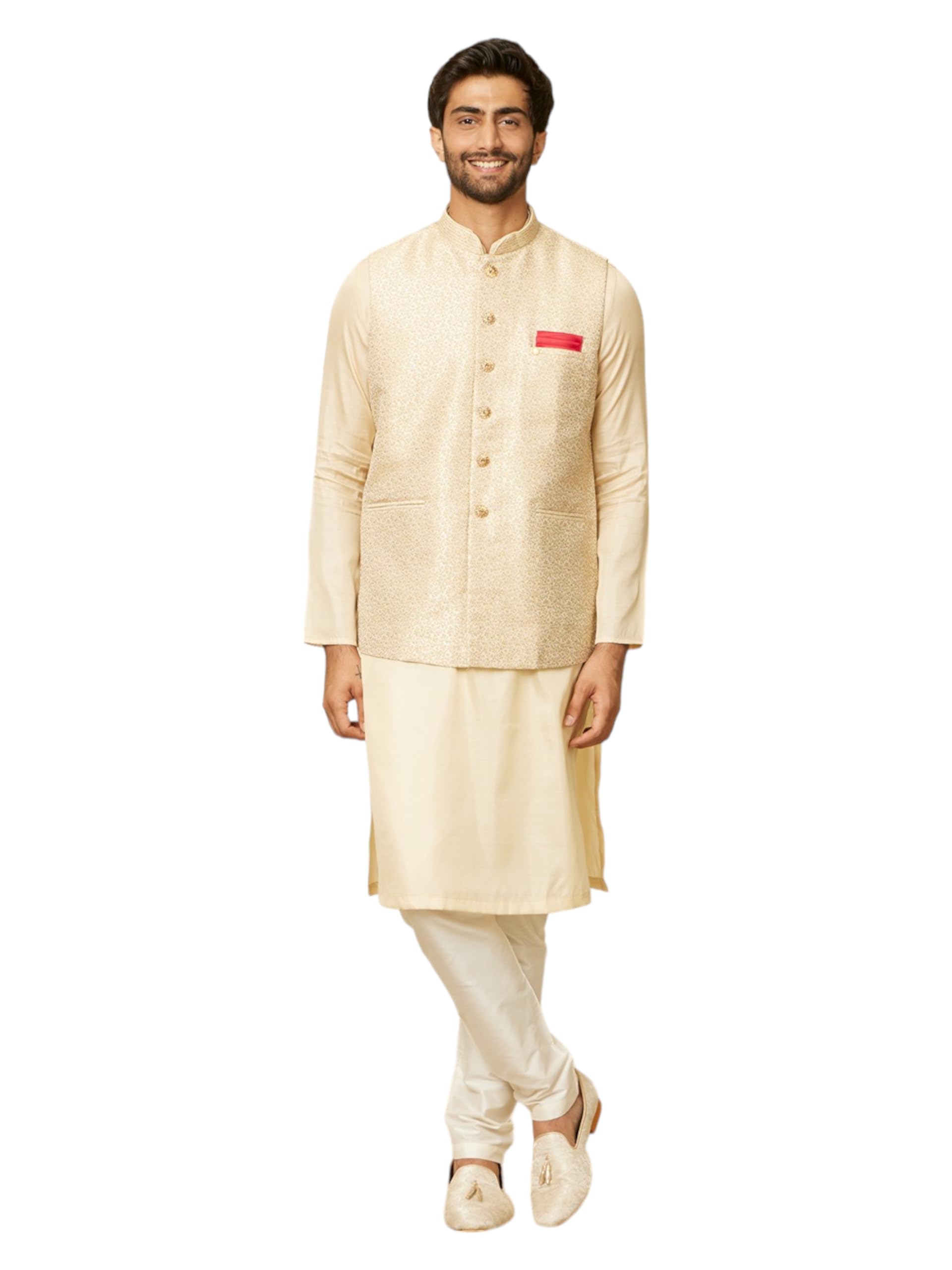 Manyavar Mens Beige Art Silk Self Design Jackets
