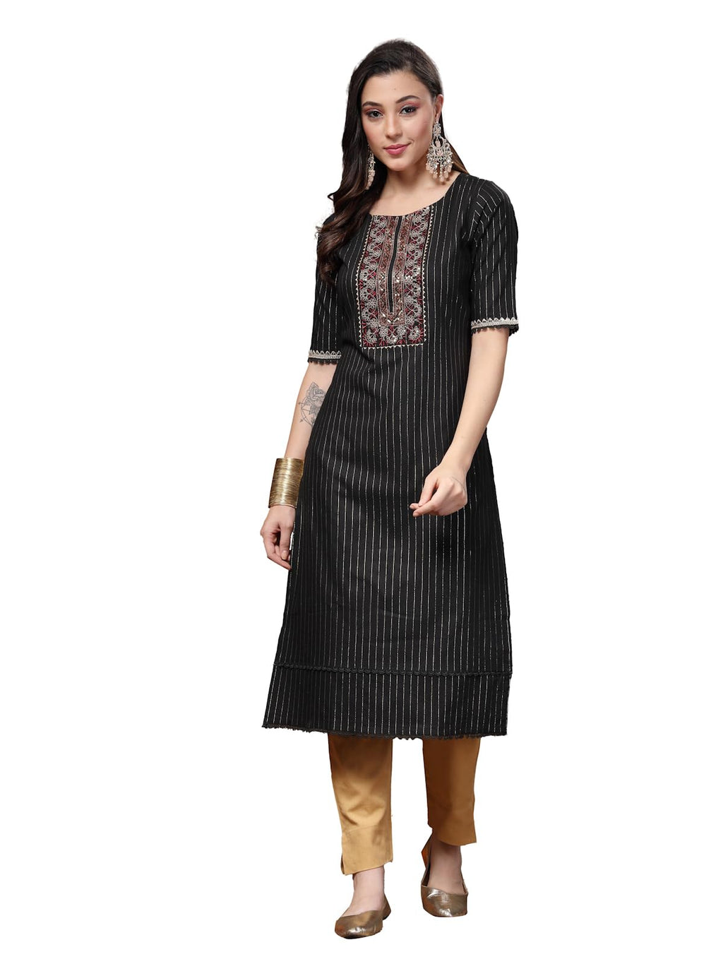 Stylum Womens Woven Design & Embroidered Lurex Cotton Straight Kurta Black