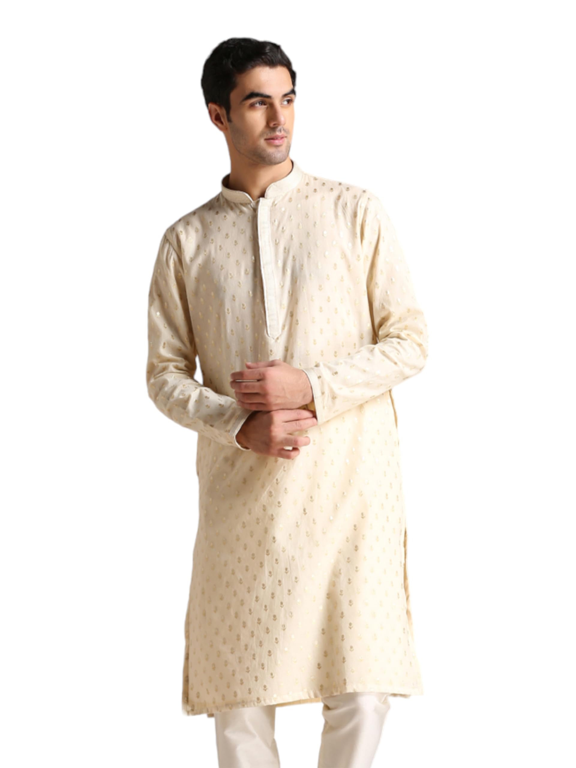 Manyavar Mens Cream Chanderi Jacquard Kurta Pyjama Set