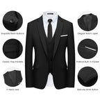 WULFUL Mens Slim Fit Suit One Button 3-Piece Blazer Dress Business Wedding Party Jacket Vest & Pant Black