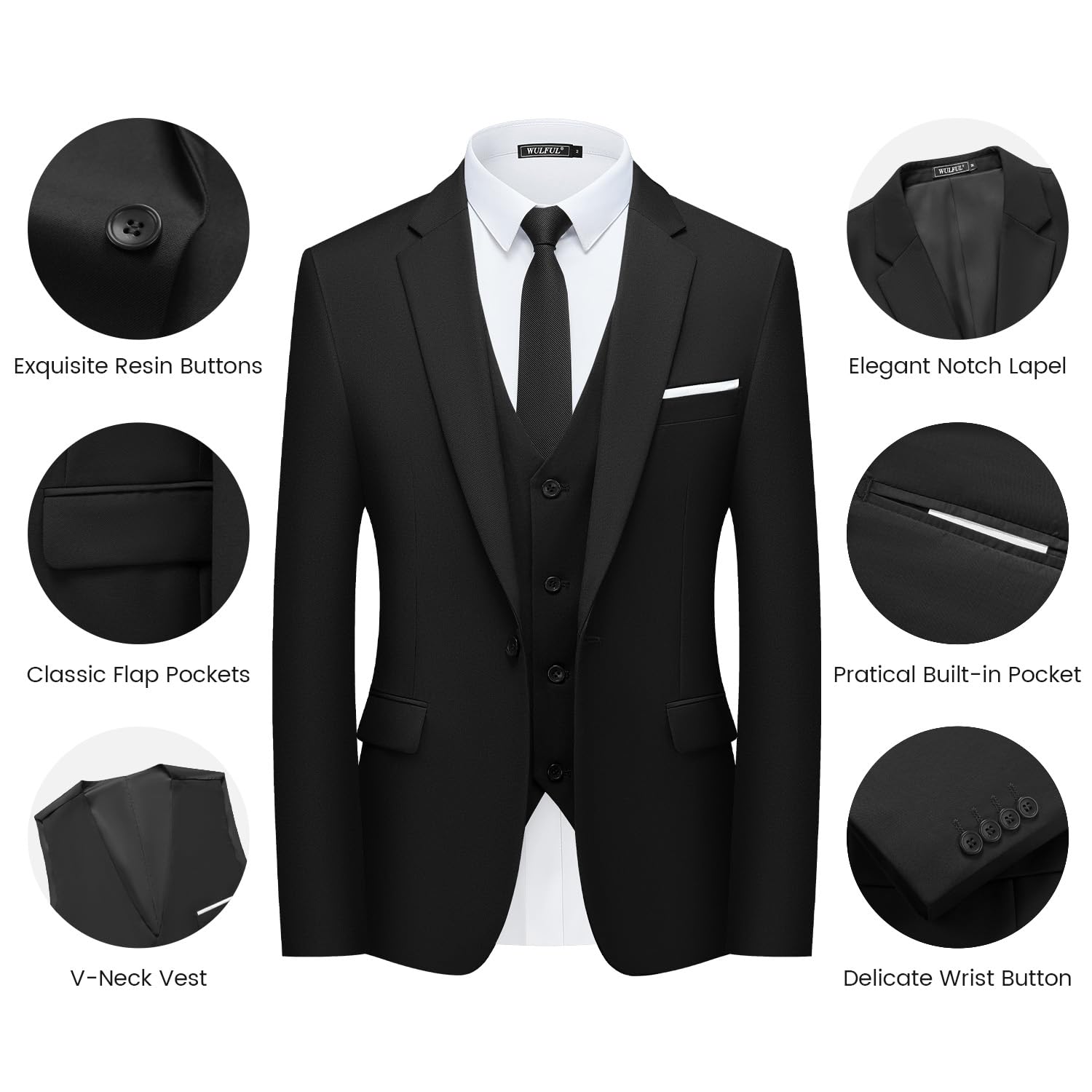 WULFUL Mens Slim Fit Suit One Button 3-Piece Blazer Dress Business Wedding Party Jacket Vest & Pant Black