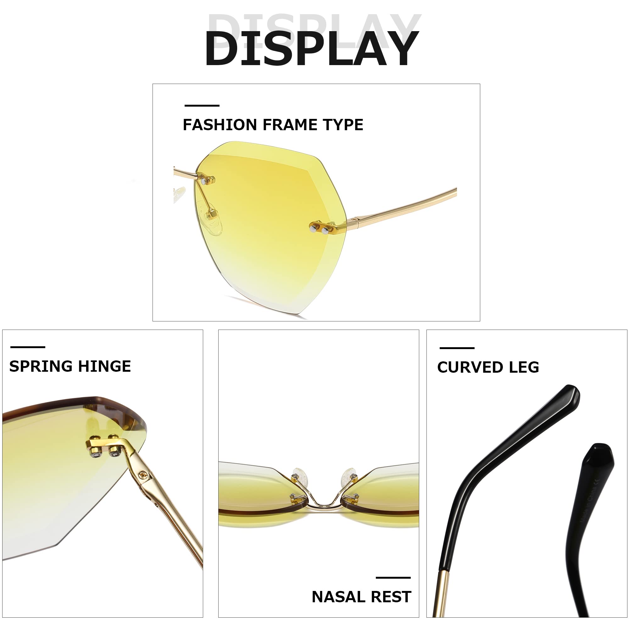 AEVOGUE Sunglasses For Women Oversized Rimless Diamond Cutting Lens Sun Glasses AE0534 (Gold&Yellow)