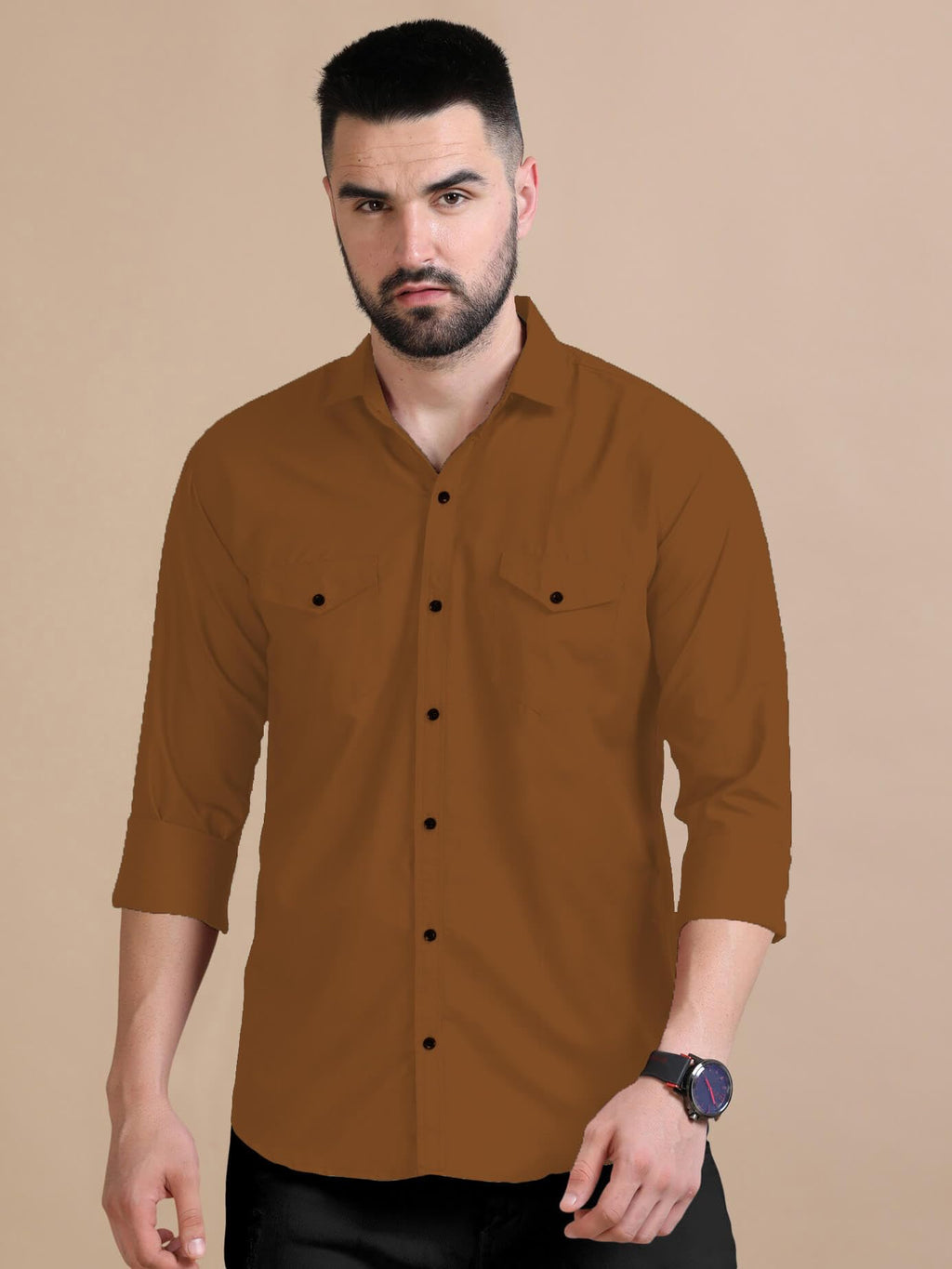 Rebelify MenS Double Pocket Shirt  Classic Casual Cotton Blend With Adjustable Cuffs Brown
