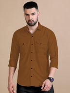 Rebelify MenS Double Pocket Shirt  Classic Casual Cotton Blend With Adjustable Cuffs Brown