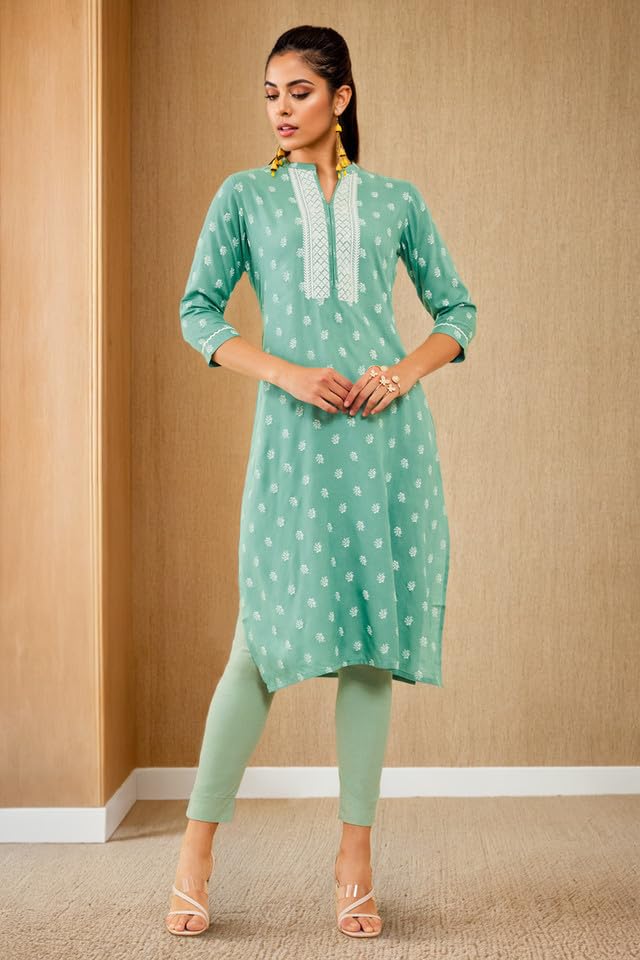 Soch Womens Green Rayon Embroidered Kurta With Thread Work