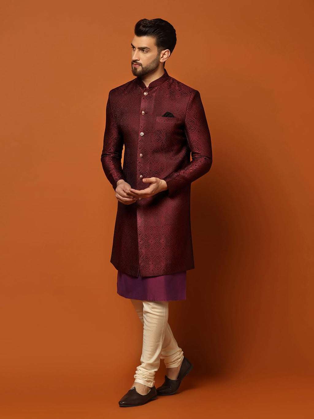 Kisah MenS Maroon Indo-Western Kurta Sherwani Churidar Set Cotton Full Sleaves, Knee Length, Straight, Regular Fit, Mandarin Co