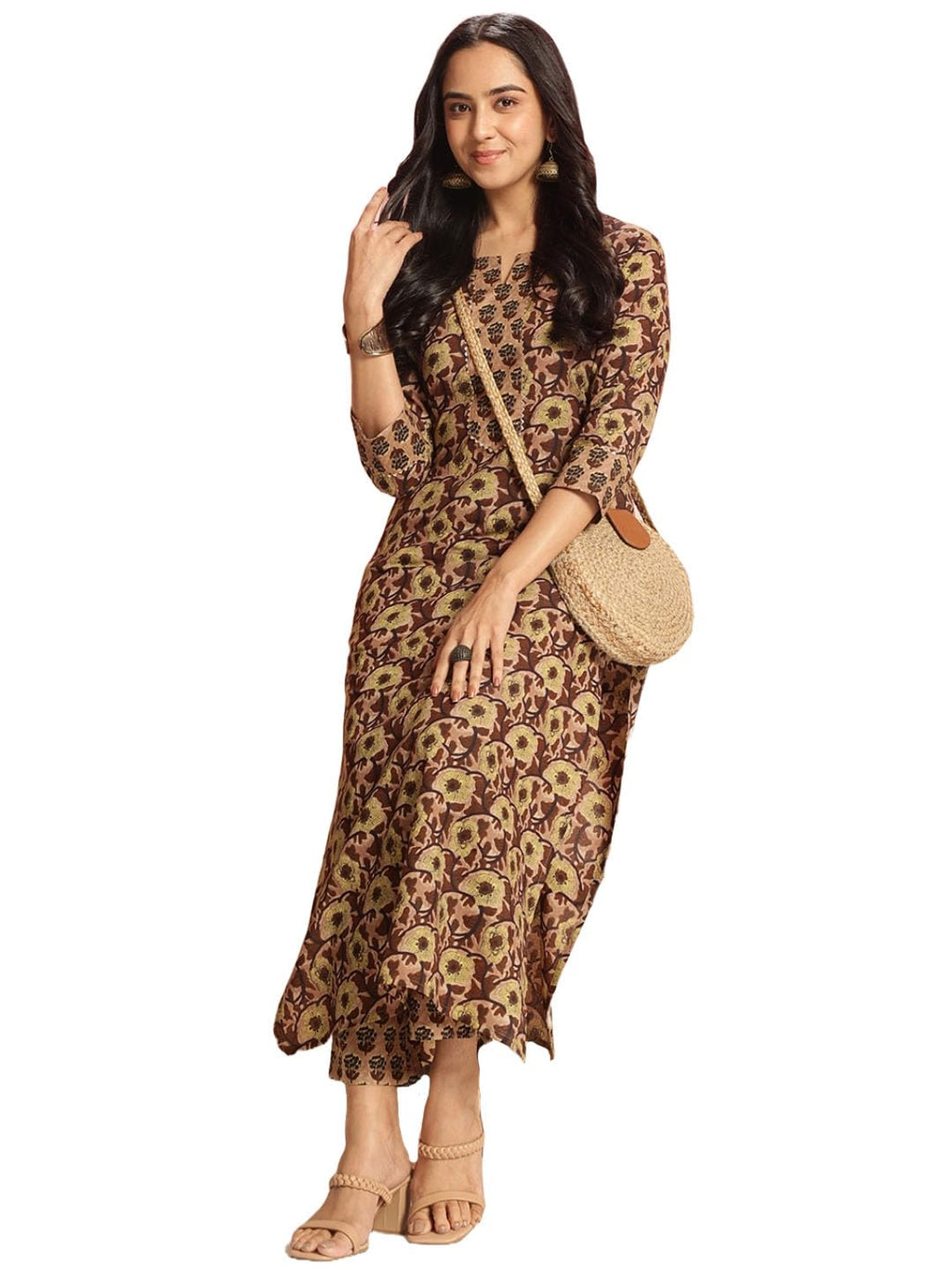 ANNI DESIGNER Womens Rayon Viscose Straight Printed Kurta with Pant (Gukona Brown_S_Brown_Small)