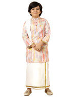 A.T.U.N. (ALL THINGS UBER NICE) Boys Peach Printed Kurta with Elasticated Mundu with Underneath Shorts Set