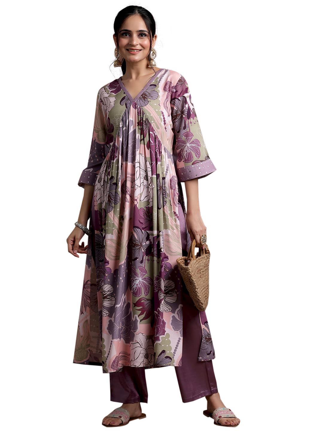 Libas Womens Printed Viscose A-Line Kurta With Trousers