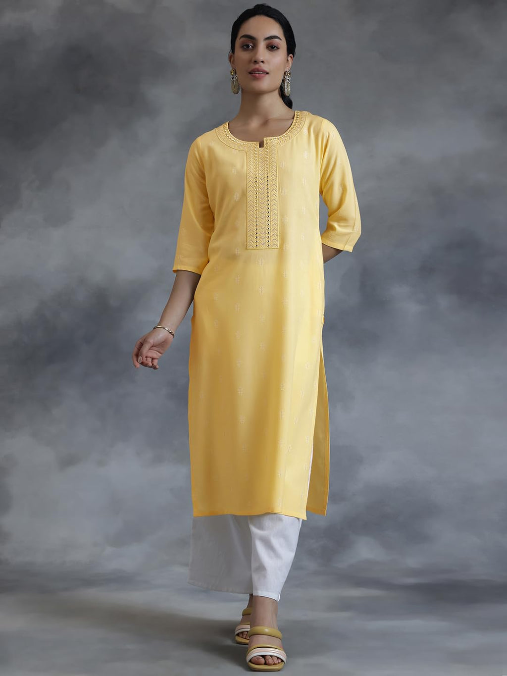 Libas WomenS Cotton Woven Design Straight Kurta (26977_Yellow