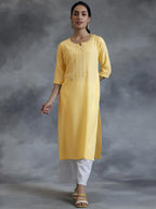 Libas WomenS Cotton Woven Design Straight Kurta (26977_Yellow