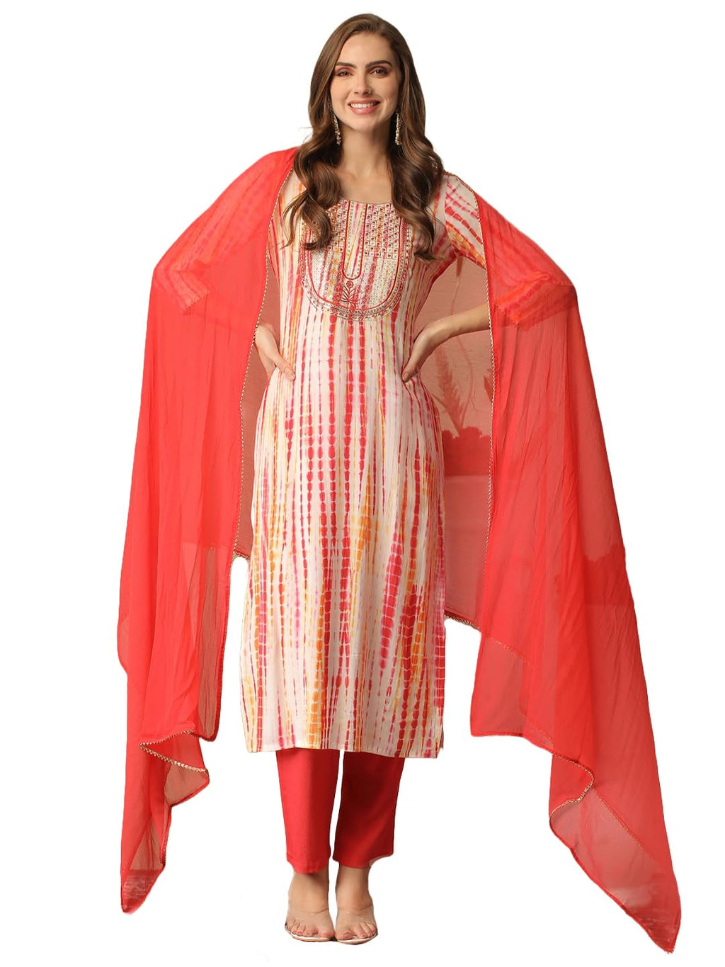 ANNI DESIGNER Womens Rayon Blend Straight Printed Kurta with Pant & Dupatta (Tiedye Red-NW_XXL_Red_XX-Large)