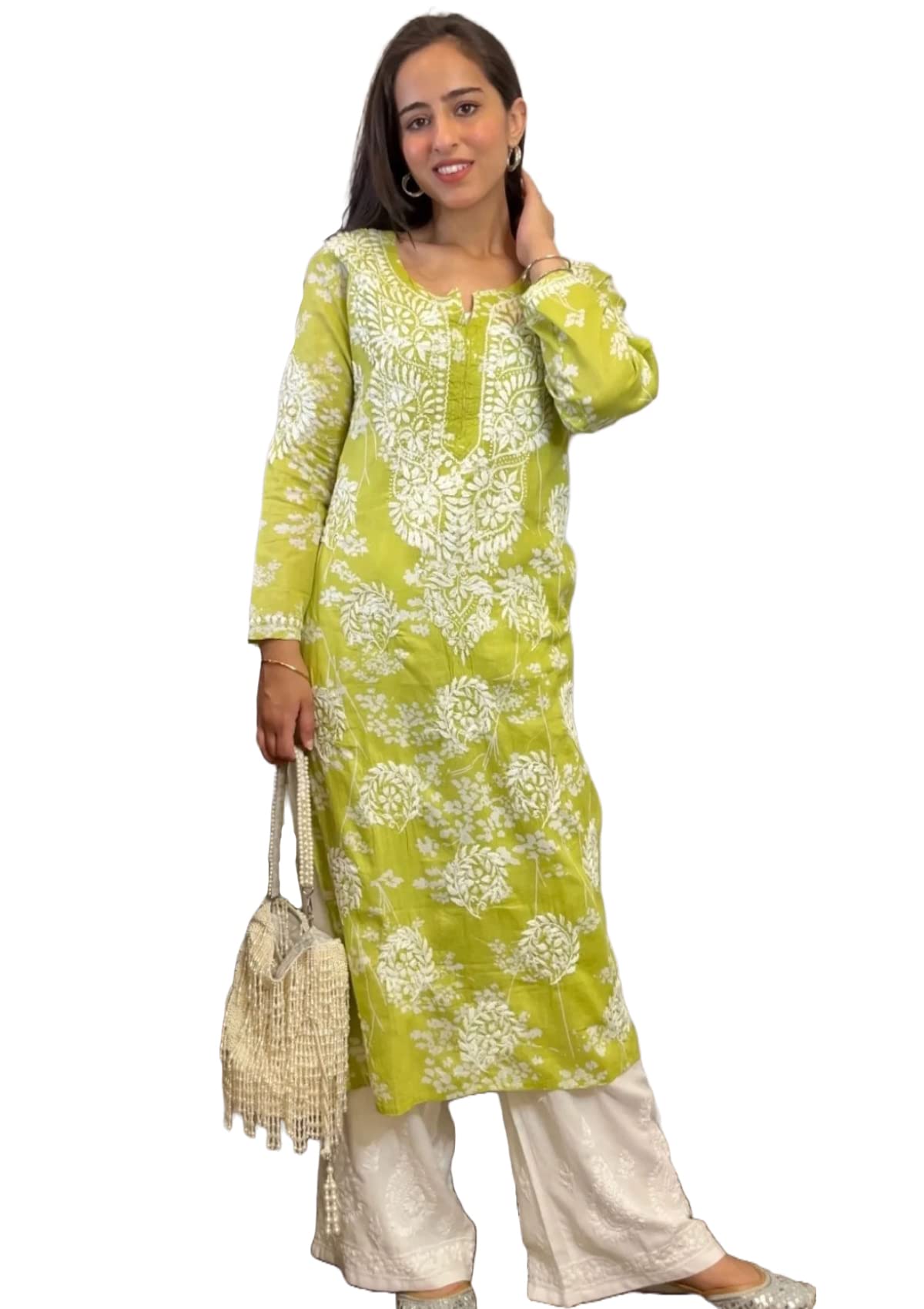 ANNI DESIGNER Womens Cotton Blend Straight Chikankari Embroidered Kurta (Zainab-Green_XXL_Green_XX-Large)
