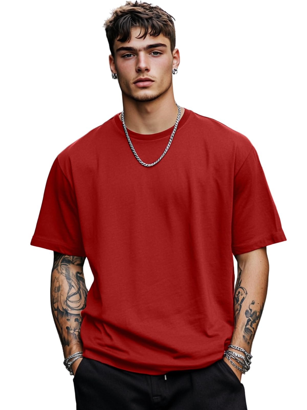 Veirdored Oversized Baggy Fit Drop Shoulder Short Sleeve Round Neck Solid Cotton T-Shirt