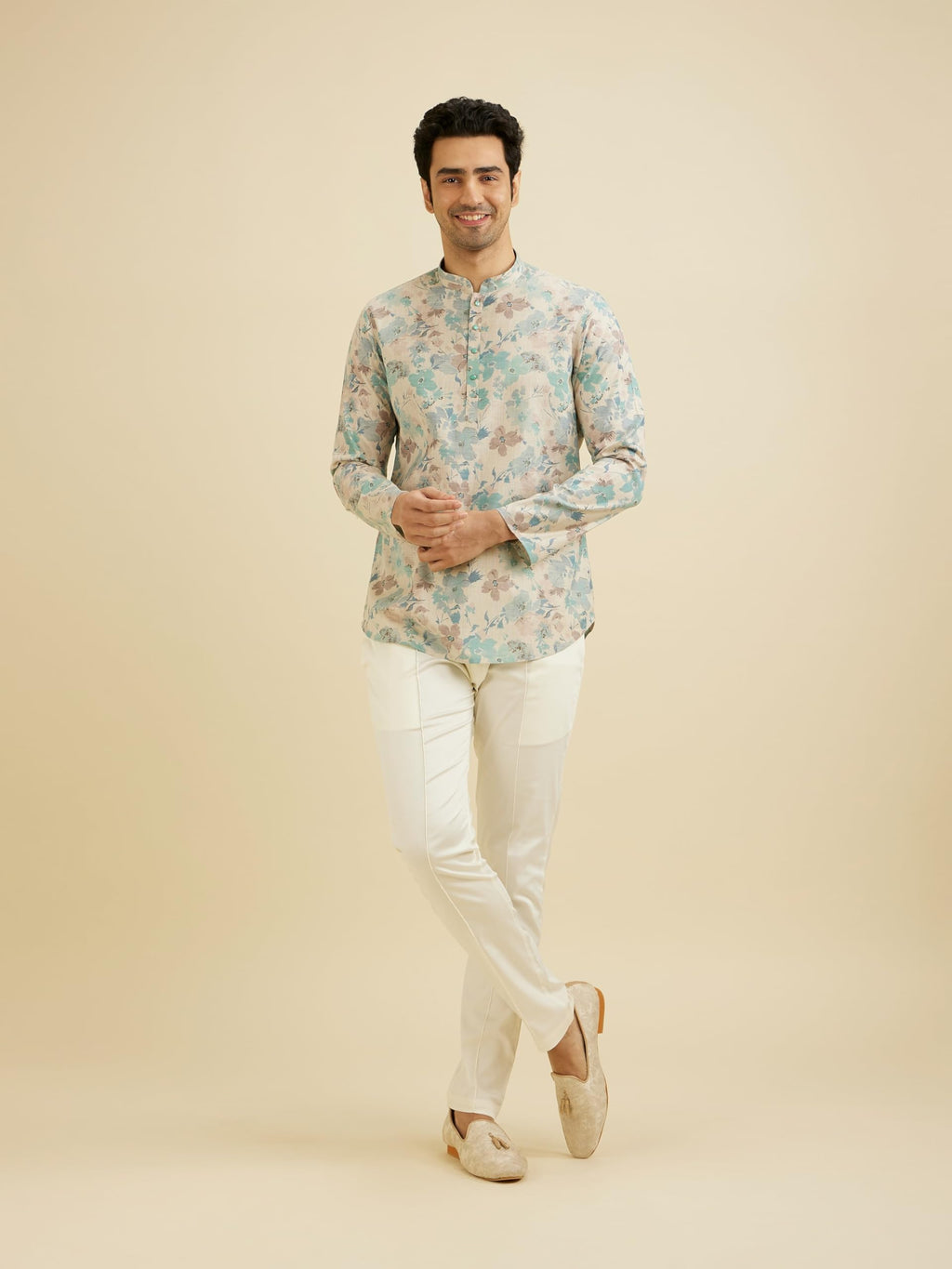 Manyavar Mens Linen Blend Floral Print Short Kurta