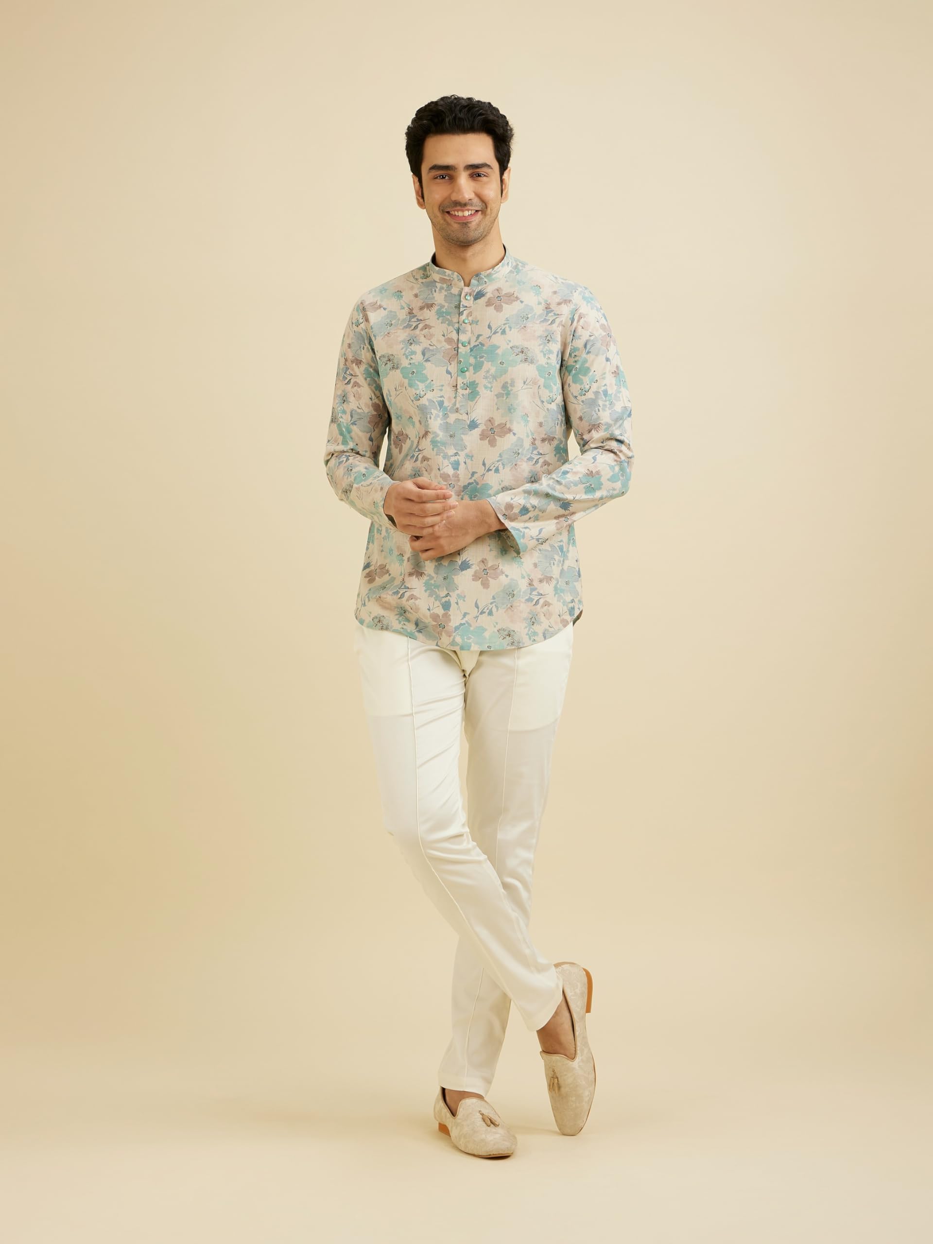 Manyavar Mens Linen Blend Floral Print Short Kurta