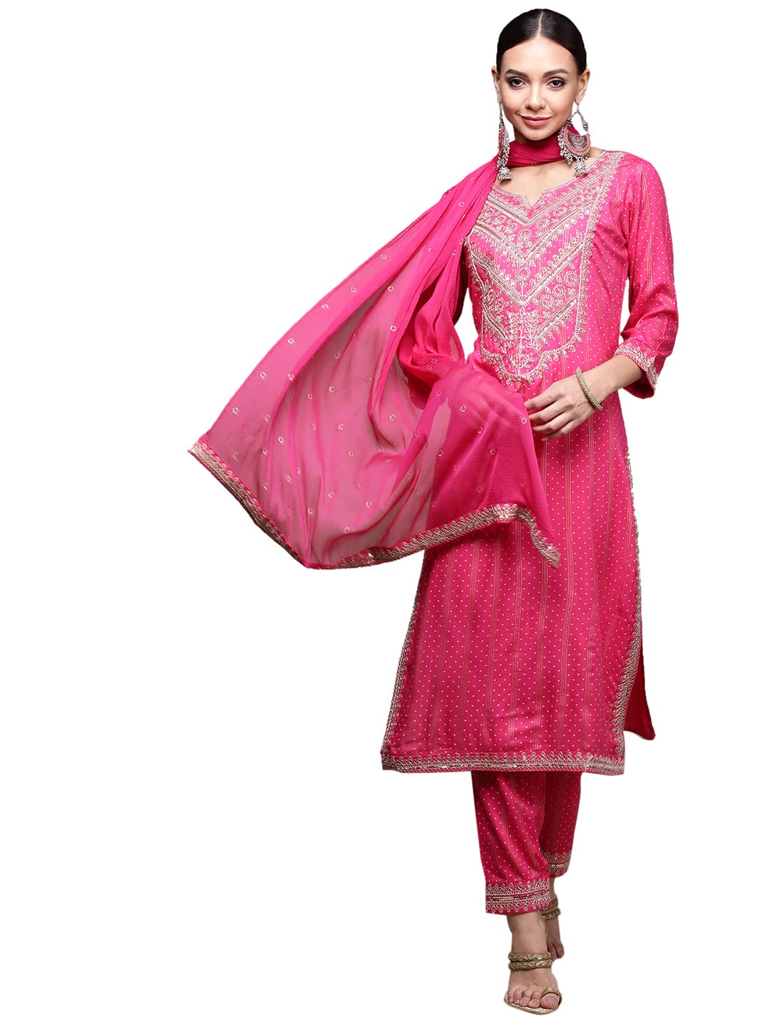 anubhutee Womens Pink Gotawork Printed Kurta set with Trousers and Dupatta