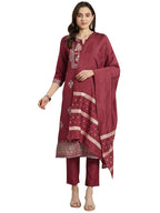 Ziyaa Women'S Art Silk Maroon Color Chinon Straight Foil Printed Kurta, Pant And Dupatta Set (Hnskdch4034