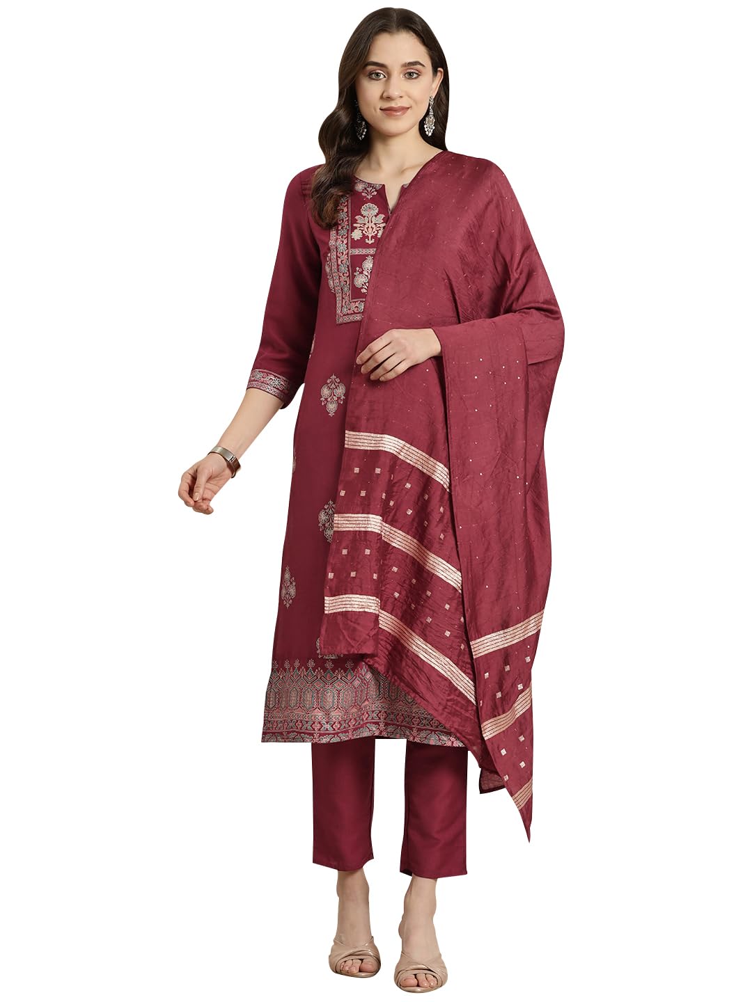 Ziyaa Women'S Art Silk Maroon Color Chinon Straight Foil Printed Kurta, Pant And Dupatta Set (Hnskdch4034