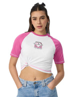 The Souled Store Hello Kitty: Trip Women and Girls Short Sleeves Round Neck White and Pink Graphic Printed Cotton Cropped Tops