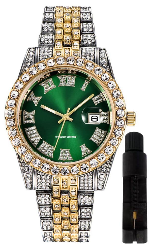 Hip Hop Watches for Men Iced-Out Bling Diamond Luxury Quartz Watches with Date (Green)
