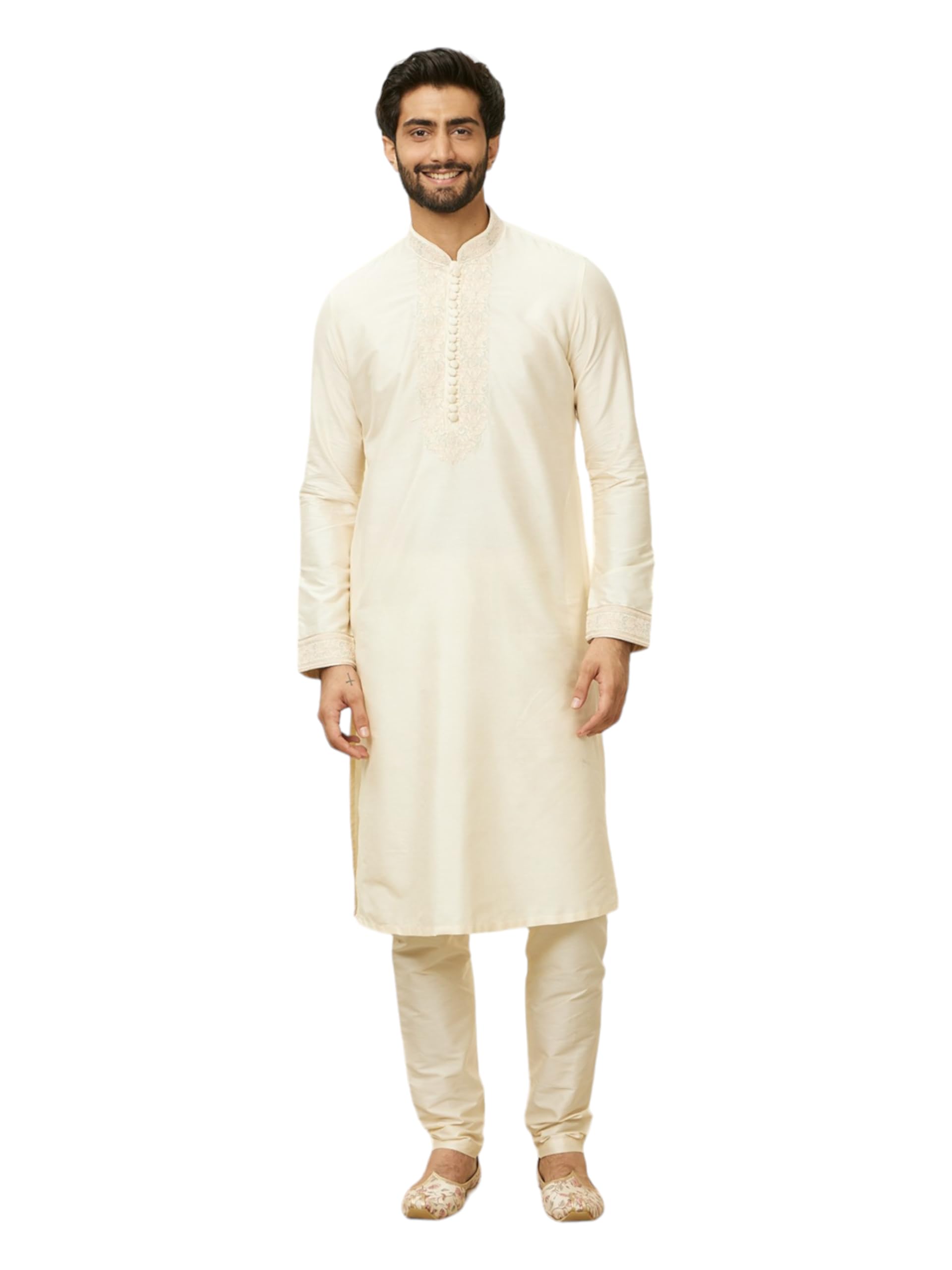 Manyavar Mens Cream Blended Viscose Self Design Kurta Pyjama Set