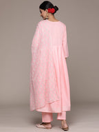 Ishin Women'S Pink Zari Sequinned Pure Cotton Anarkali Kurta Suit Set With Trousers & Dupatta