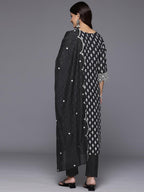Varanga Women Black Printed Shiffly Work Kurta With Bottom And Dupatta