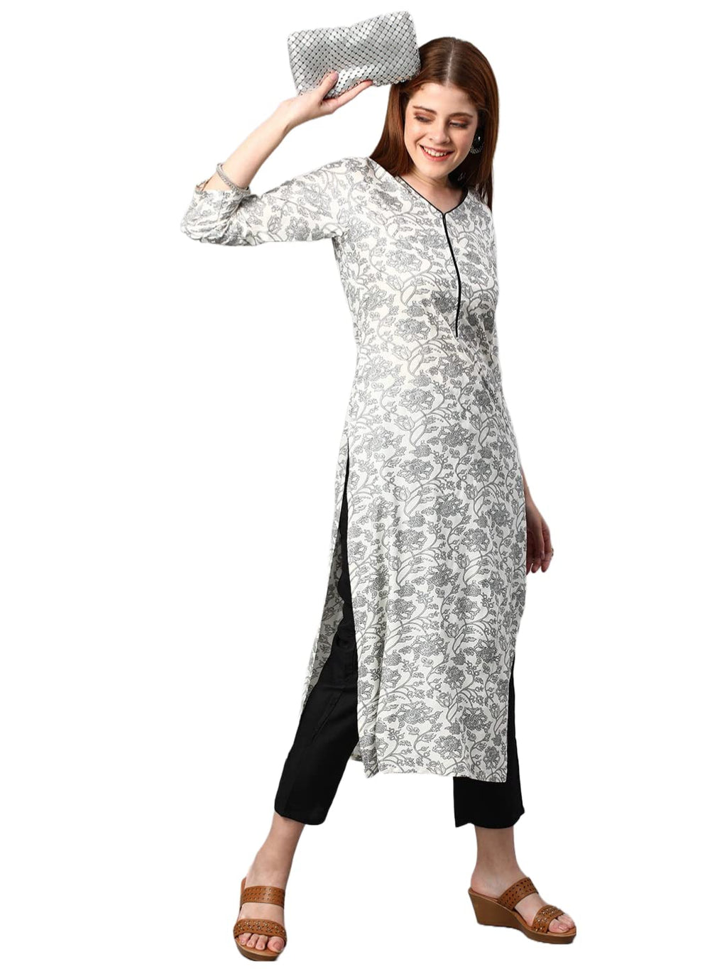 ANNI DESIGNER Womens Cotton Blend Traditional Straight Printed Kurta and Pant Set (AMD 31-Grey_L_Grey_Large)