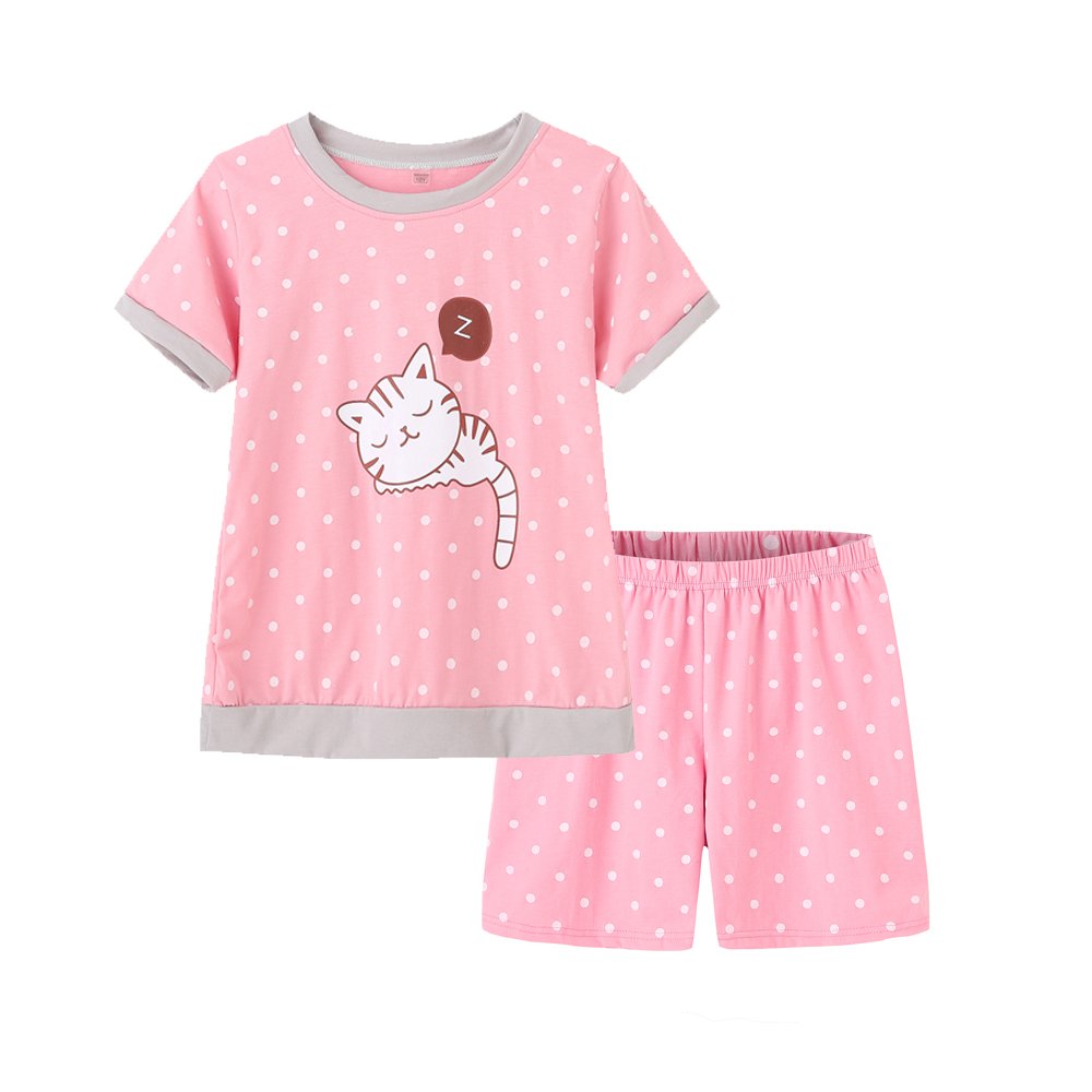 MyFav Young Girls Pajama Cute Cat Pattern Nighty Comfy Shorts Cotton Sleepwear, Cat, 7 Years 7
