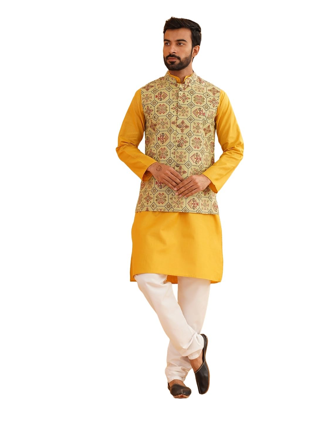 SOJANYA (Since 1958 Mens Cotton Blend Mustard Kurta & Churidar Pyjama with Pista Green Nehrujacket
