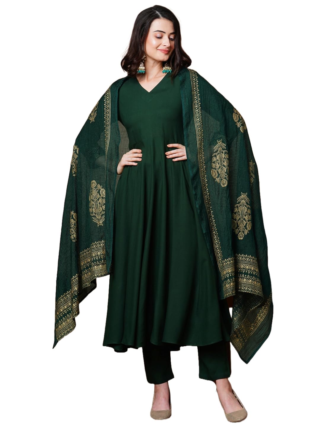 ANNI DESIGNER Womens Rayon Blend Solid Anarkali Kurta with Pant & Dupatta (Magic-Green-NDM_L_Green_Large)