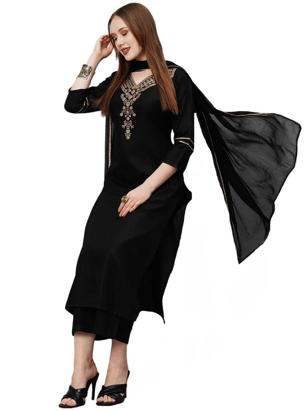ANNI DESIGNER Women's Cotton Blend Straight Embroidered Kurta with Pant & Dupatta (Dacia Black_M_Black_Medium)