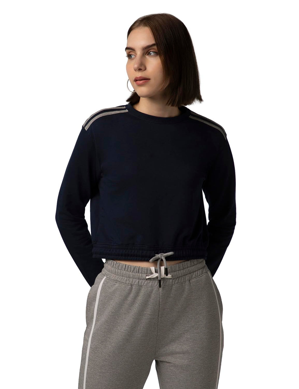 FYLTR Womens Round Neck Drop Shoulder Sweatshirt - Full Sleeve | Elasticated Waist & Cuff | Boxy Fit | Stripe Detailing